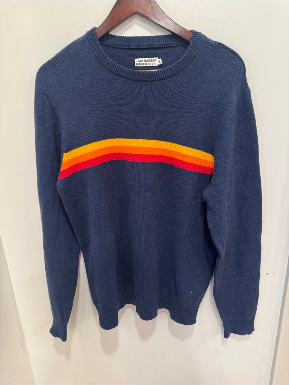 Fair Harbor Navy Retro Stripe Crewneck Knit Sweater (Size Medium)